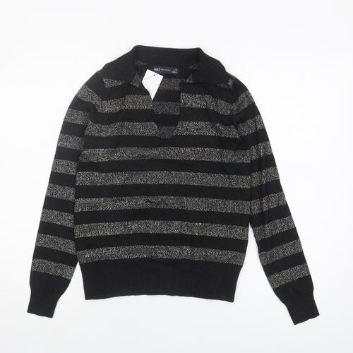 Marks and Spencer Women's Black Striped Collared Pullover XS