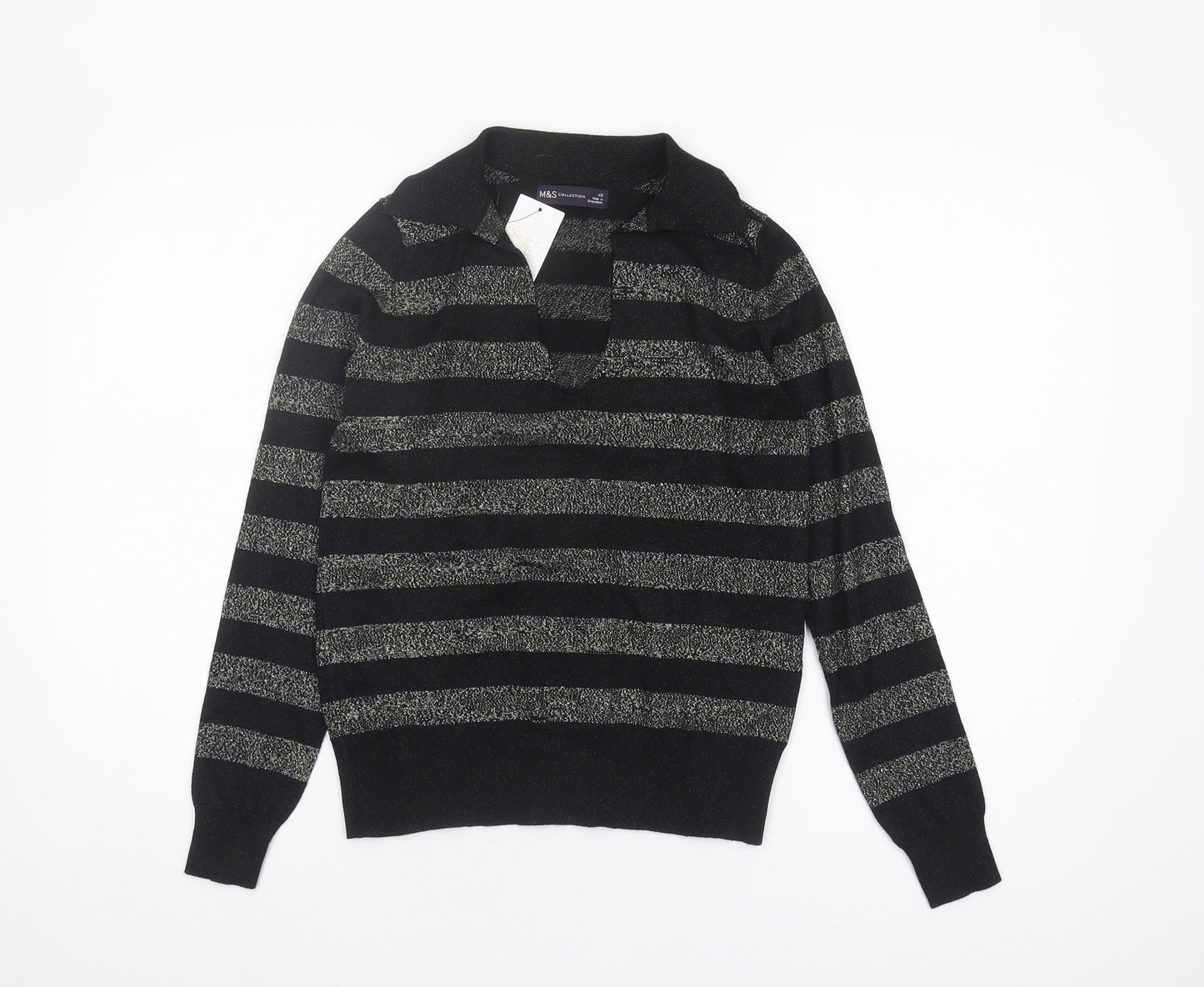 Marks and Spencer Women's Black Striped Collared Pullover XS