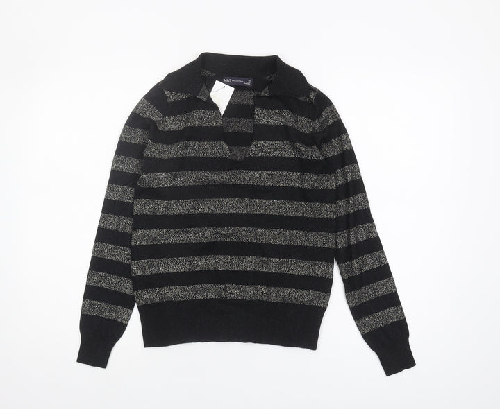 Marks and Spencer Women's Black Striped Collared Pullover XS