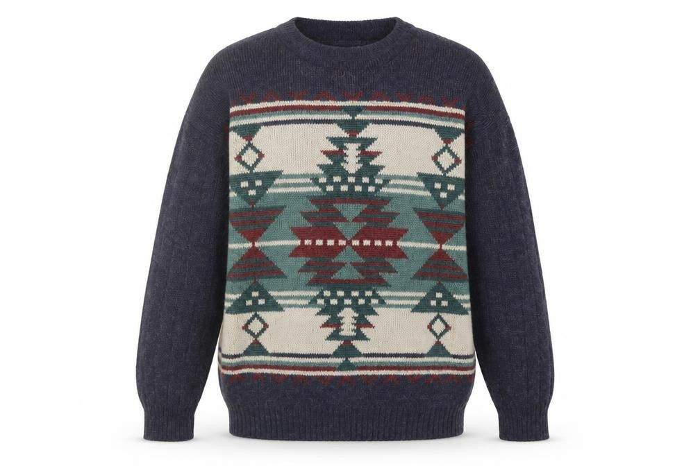 Front view of Fosters Men's Multicoloured Wool Jumper L with Aztec Design