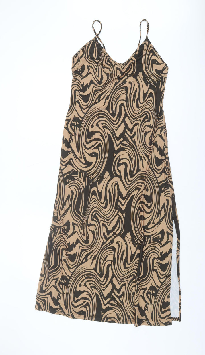 Stradivarius Women's Brown Slip Dress, Size 12 - V-Neck Geometric