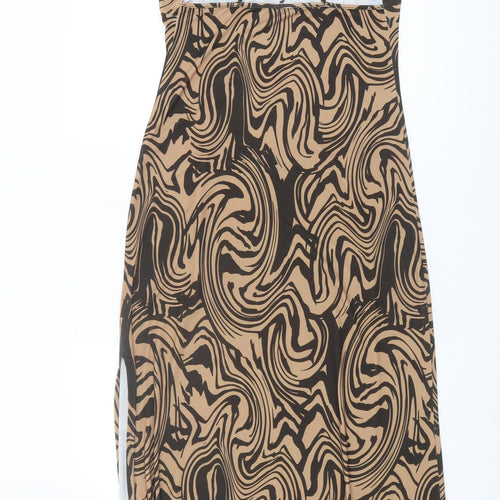 Stradivarius Women's Brown Slip Dress, Size 12 - V-Neck Geometric