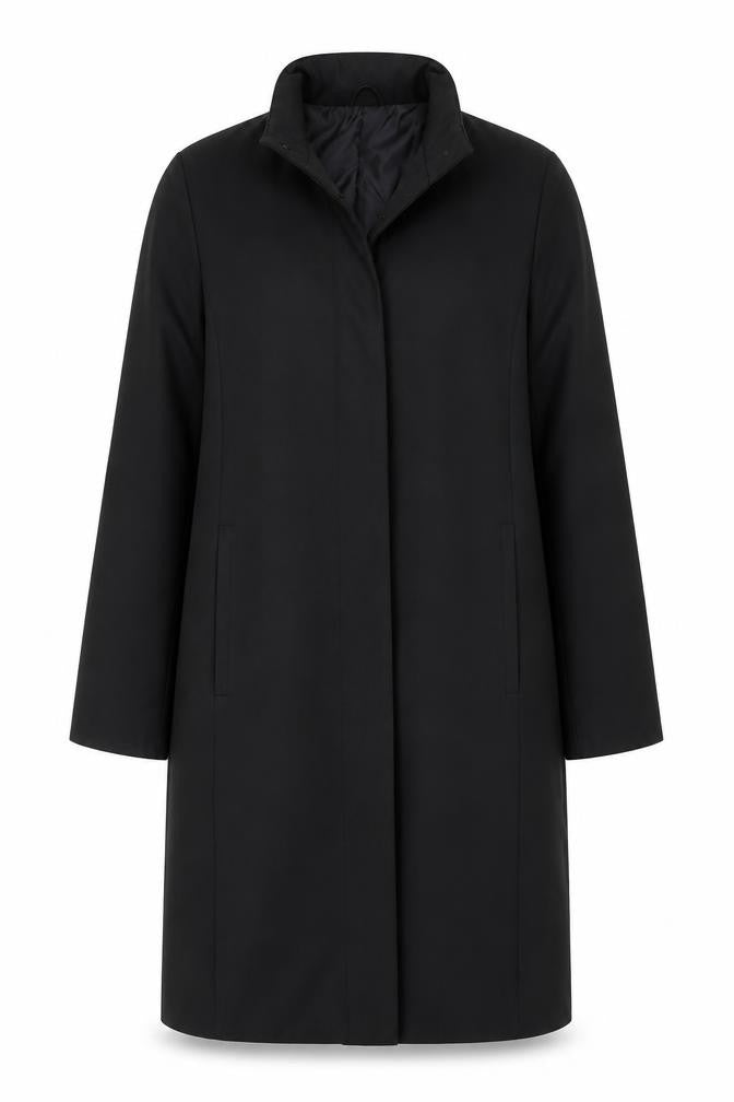 Front view of BHS Women's Black Overcoat, size 12, Regular Fit