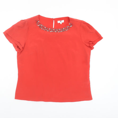 Women's Red Beaded Short Sleeve Silk Top, Size 12