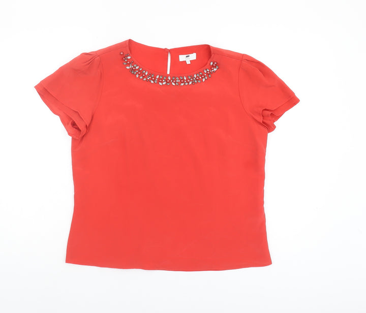 Women's Red Beaded Short Sleeve Silk Top, Size 12