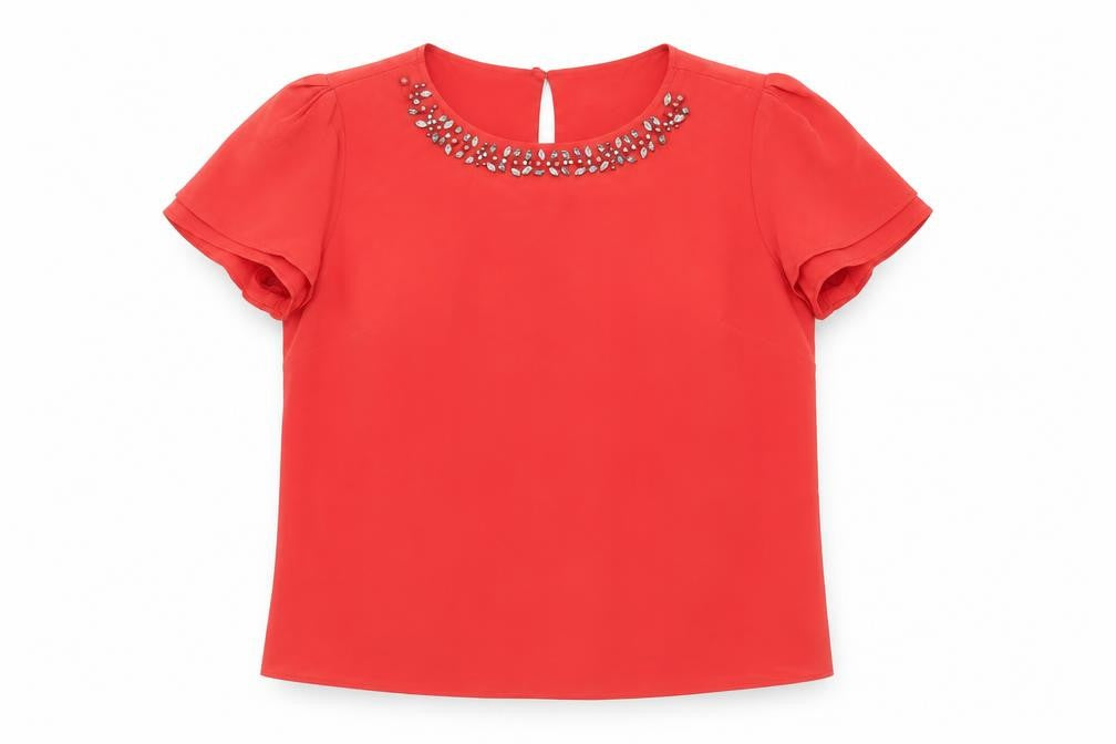 Front view of Country Casuals Women's Red Beaded Short Sleeve Silk Top, size 12
