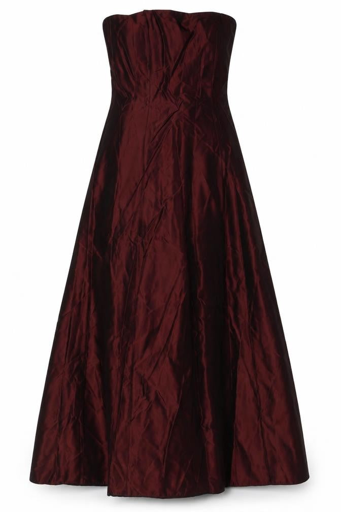 Front view of BHS Women's Long Red A-Line Strapless Dress, size 8