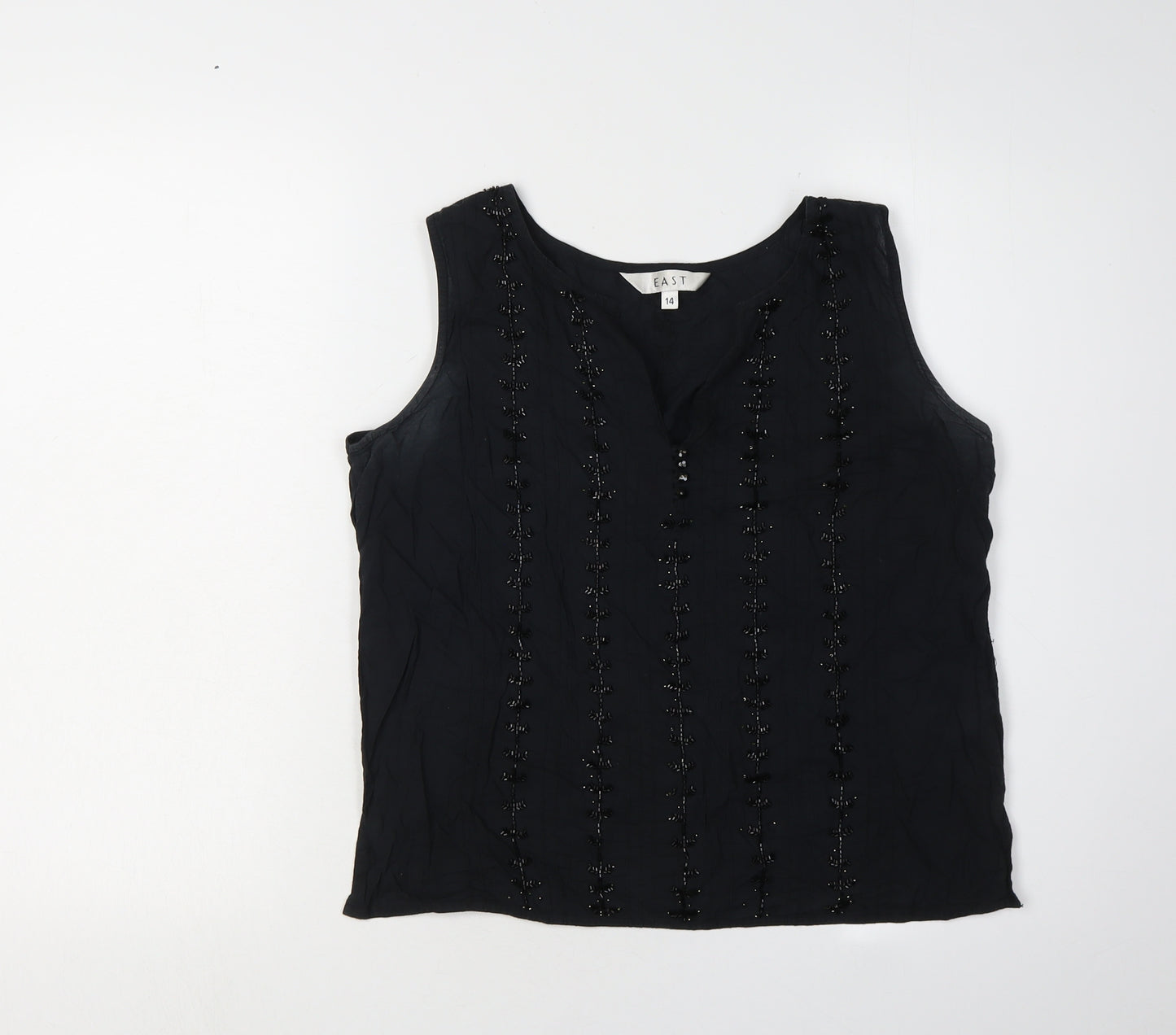 East Women's Black Beaded Cotton Tank Top Size 14