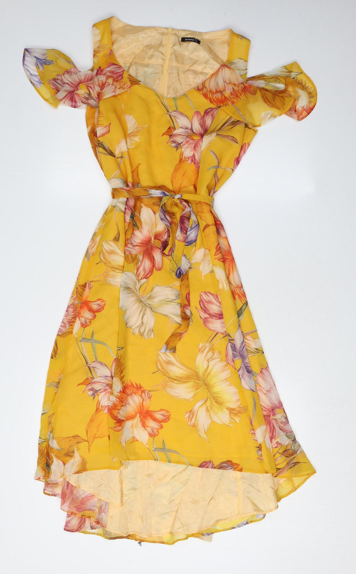 Roman Women's Yellow Floral A-Line Hi-Low Dress
