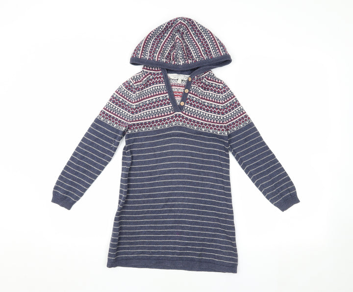 Fat Face Girls Blue Fair Isle Knit Hoodie 6-7 Years