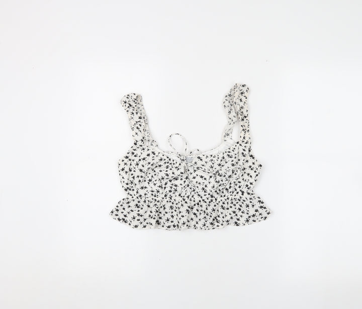 Bershka Women's White Floral Cropped Blouse M