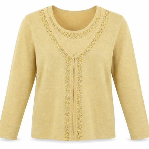 Damart Women's Gold Beaded Cardigan L V-Neck Party