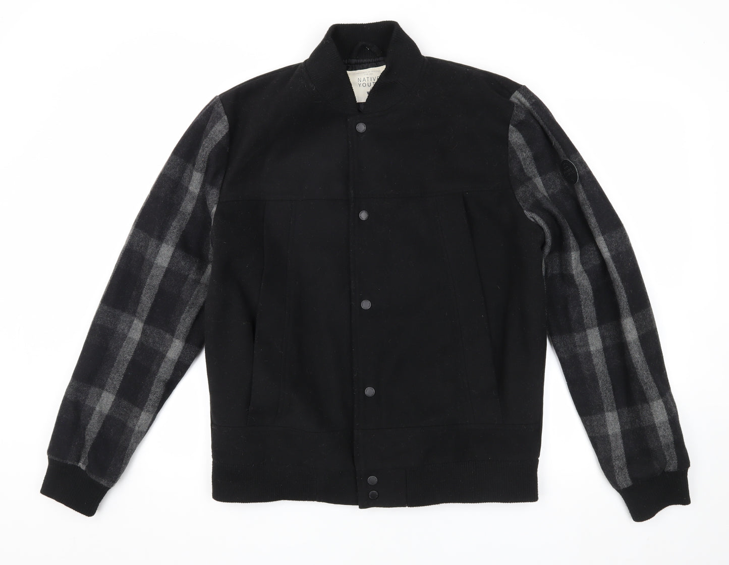 Native Youth Men's Black Varsity Jacket, Size L, Checked Sleeves