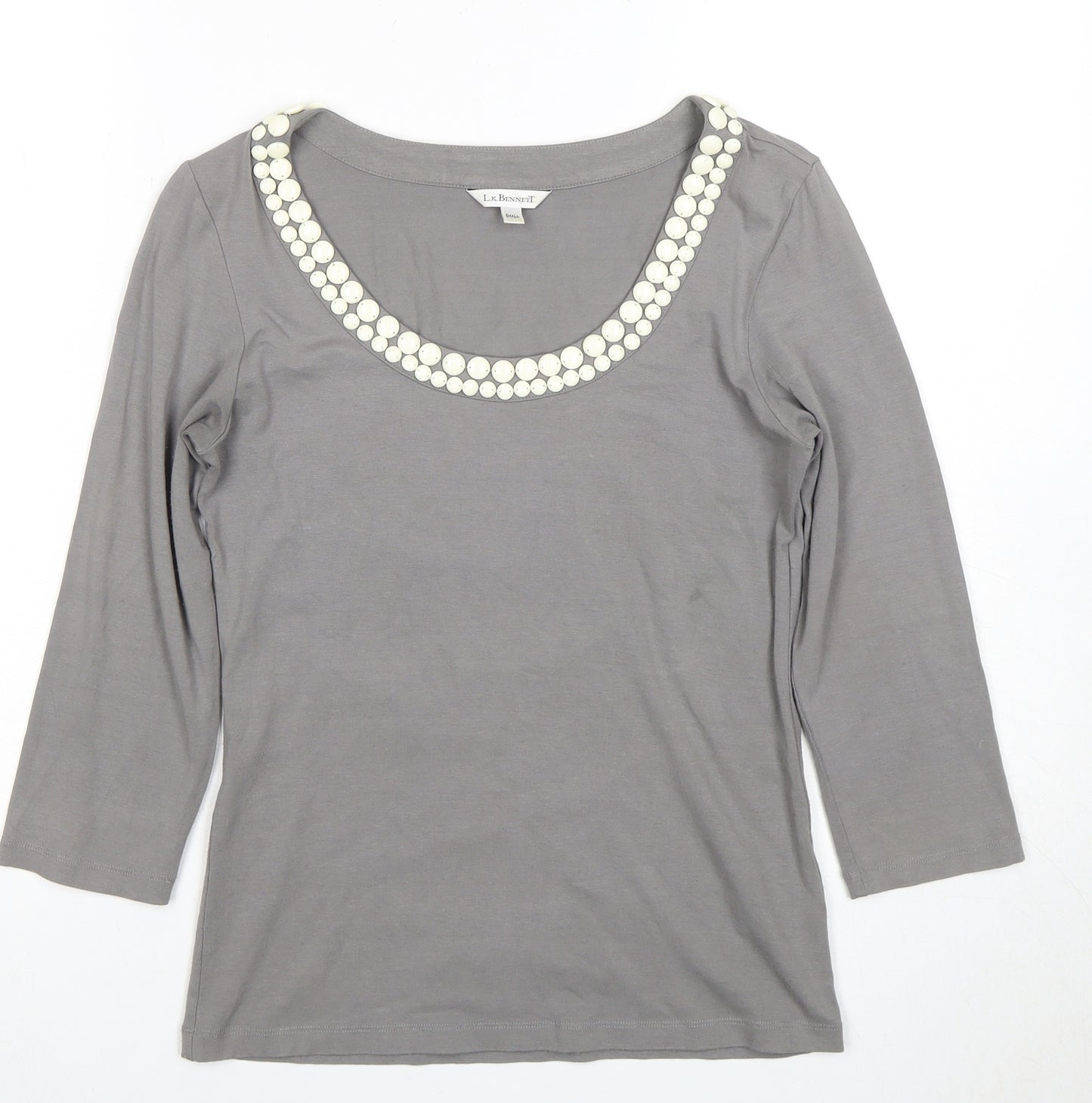 LK Bennett Grey Women's Top S, Beaded Scoop Neck, 3/4 Sleeve