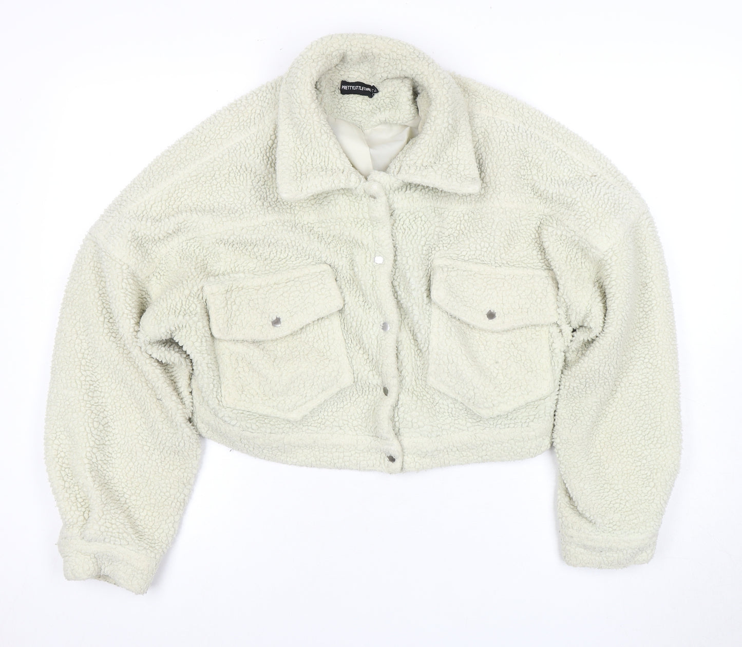 PrettyLittleThing White Cropped Fleece Bomber Jacket Size 12