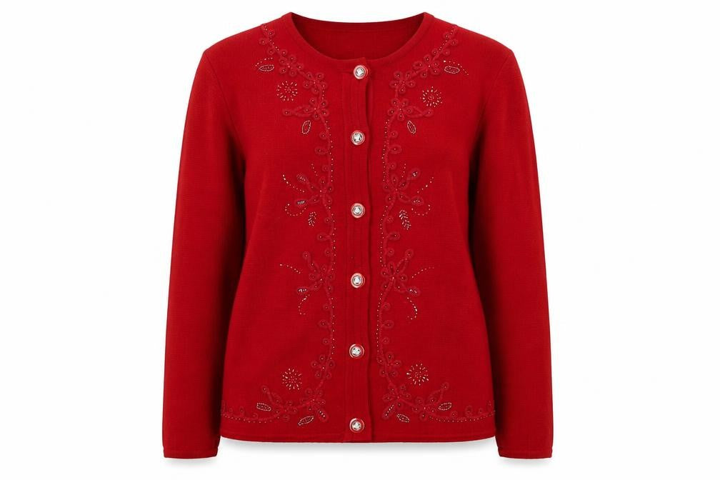 Front view of Bonmarché Red Women's Small Cardigan with Embroidery