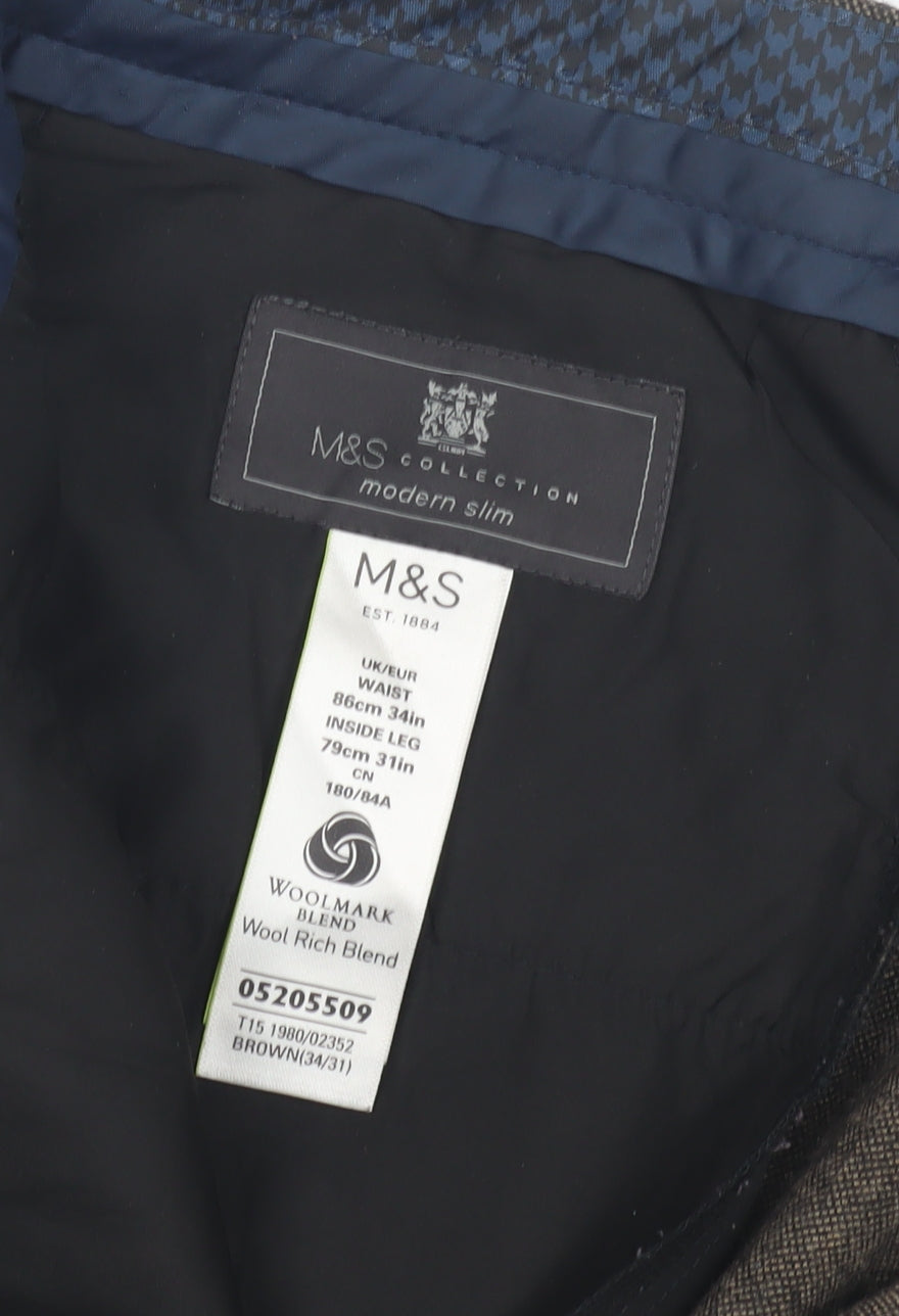 Marks and Spencer Slim Brown Trousers for Men, Size 34