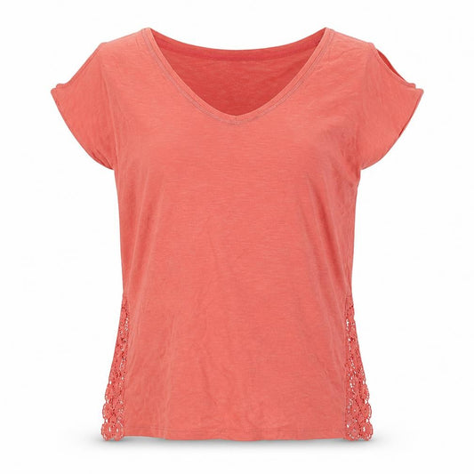 Front view of Next Women's Pink V-Neck Lace Accent Top, size 12