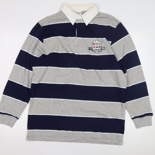All Nations Men's Blue Striped Polo Shirt, Medium, Long Sleeve