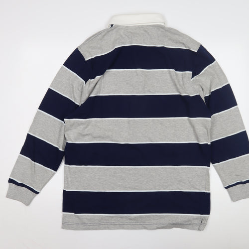 All Nations Men's Blue Striped Polo Shirt, Medium, Long Sleeve