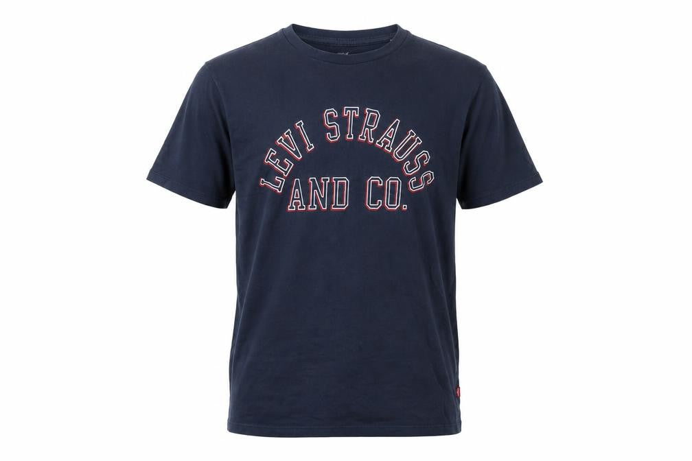 Front view of Levi's boys’ blue graphic t-shirt - short sleeve crew neck
