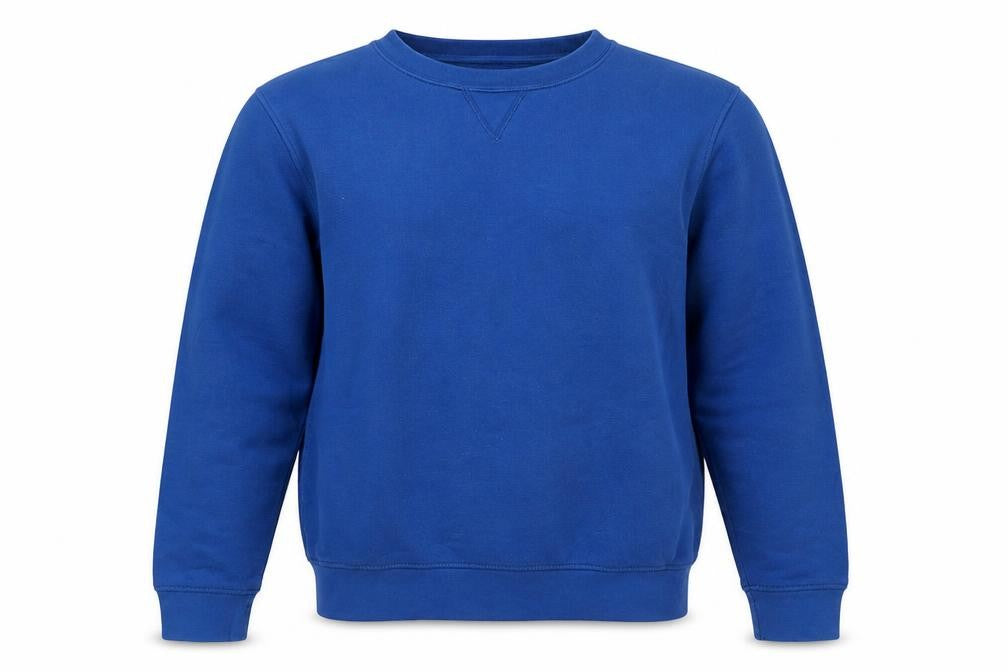 Front view of Sustainable Clothing Essentials unisex blue pullover sweatshirt s