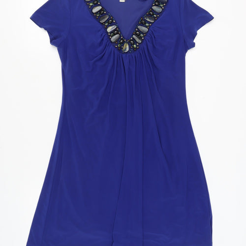 Ronni Nicole Women's Blue Beaded V-Neck Dress Size 14