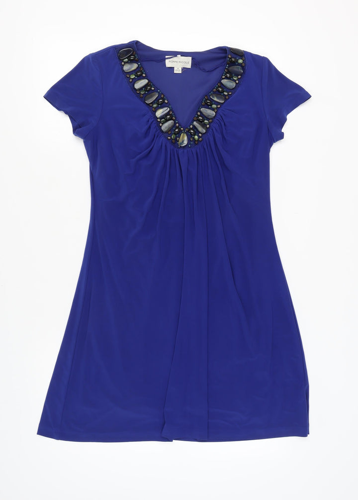 Ronni Nicole Women's Blue Beaded V-Neck Dress Size 14