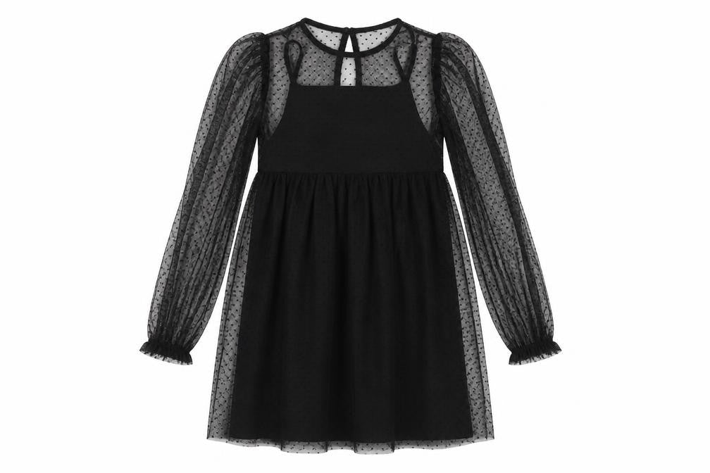 Next Girls Black Polka Dot Dress 8 Years Puff Sleeve Polyester