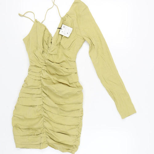 Zara Women's Green Bodycon Single Sleeve Dress, Size S, V-Neck, Ruched