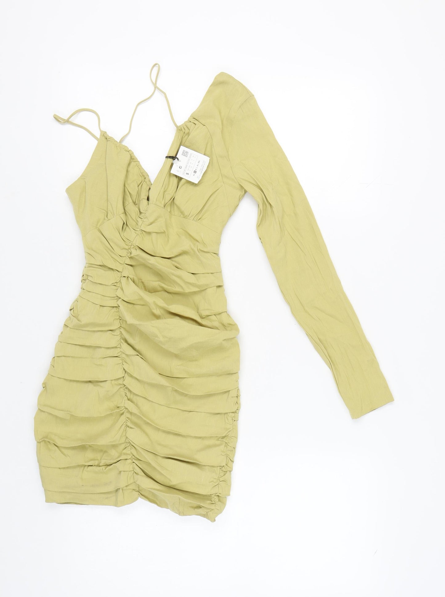 Zara Women's Green Bodycon Single Sleeve Dress, Size S, V-Neck, Ruched