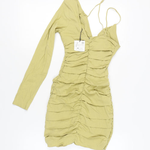 Zara Women's Green Bodycon Single Sleeve Dress, Size S, V-Neck, Ruched