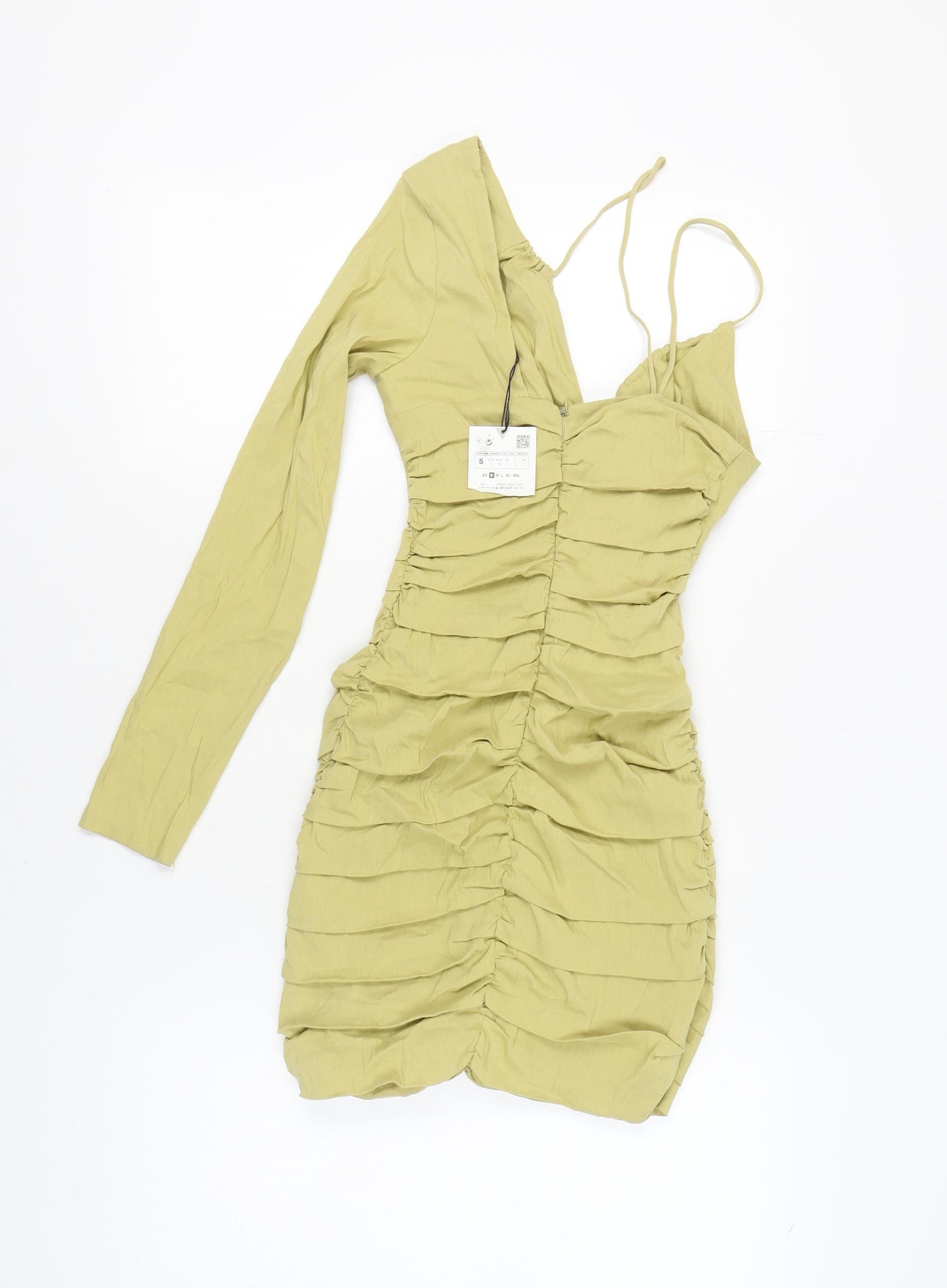 Zara Women's Green Bodycon Single Sleeve Dress, Size S, V-Neck, Ruched