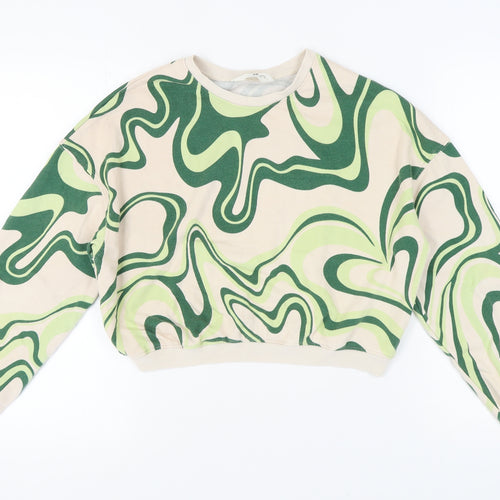 H&M Girls' Beige Green Abstract Pullover Sweatshirt 12-13Y
