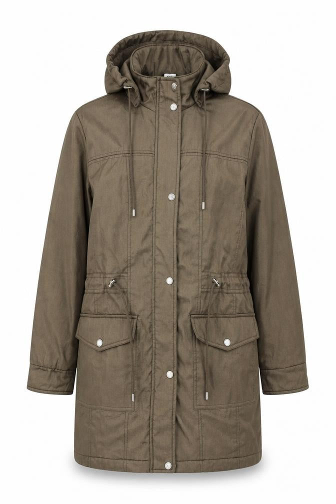 Front view of Classics Women's Brown Parka, size 12, Hooded, Mid-Length