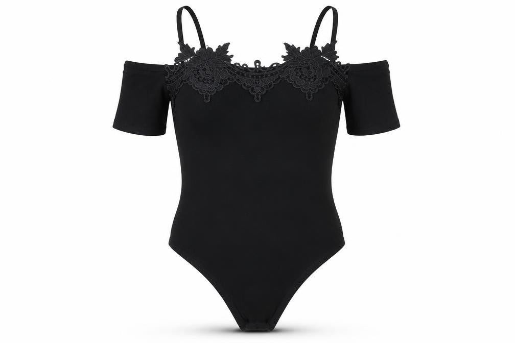 Front view of Miss Selfridge Women's Black Lace Bodysuit, size 8, Petite