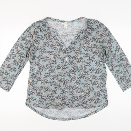H&M Women's Blue Nature Print Blouse, Size 12, V-Neck