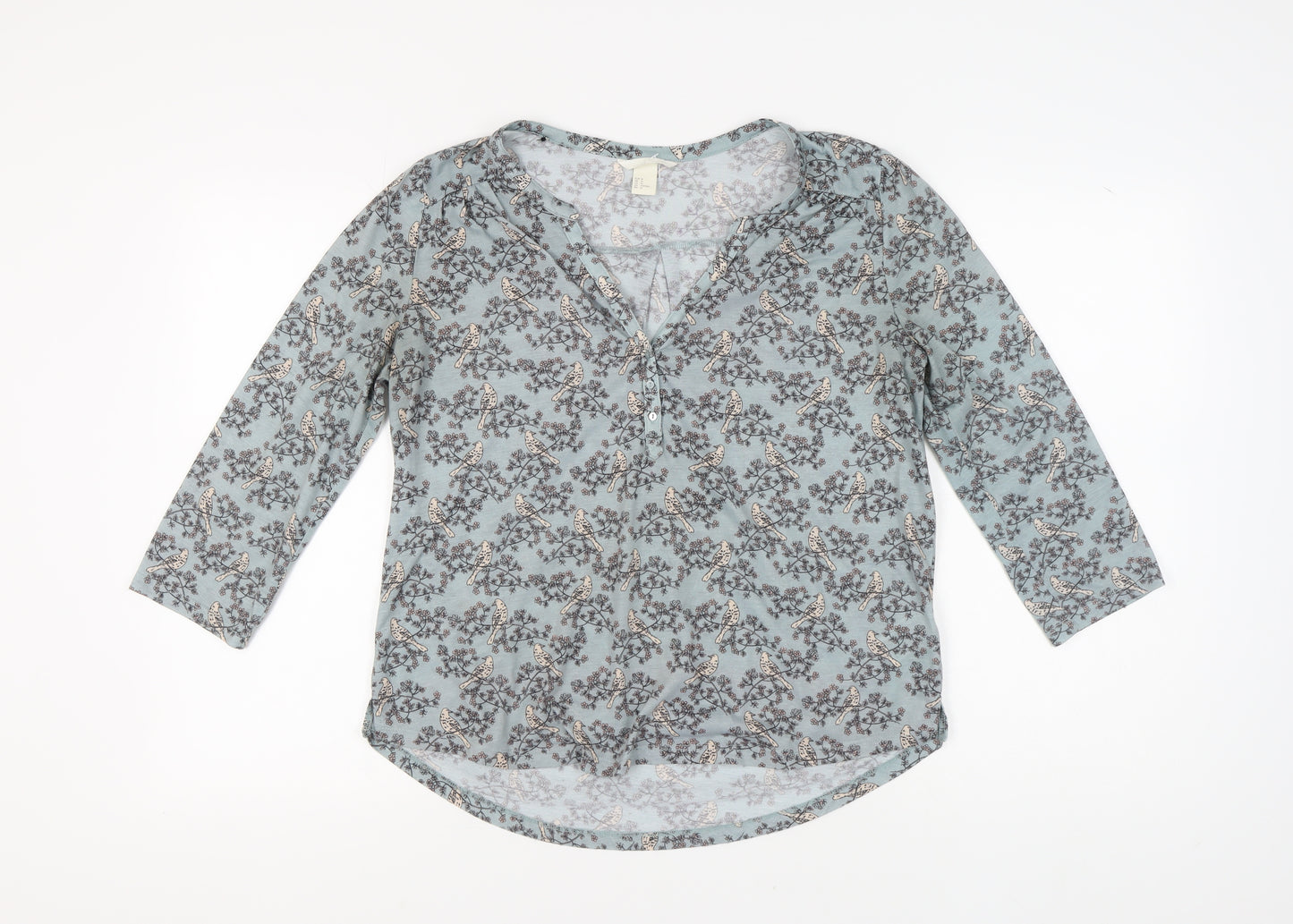 H&M Women's Blue Nature Print Blouse, Size 12, V-Neck