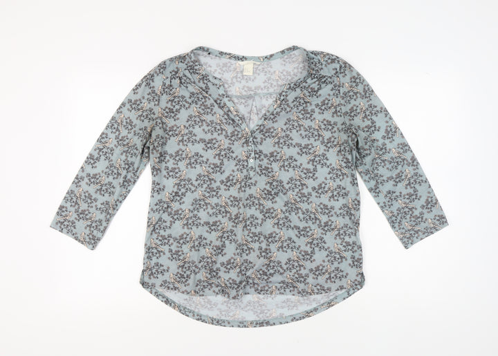 H&M Women's Blue Nature Print Blouse, Size 12, V-Neck