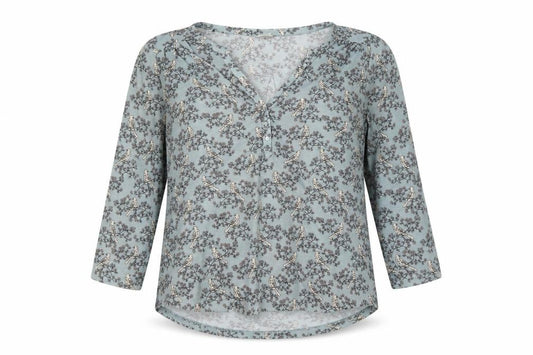 Front view of H&M Women's Blue Nature Print Blouse, size 12, V-Neck