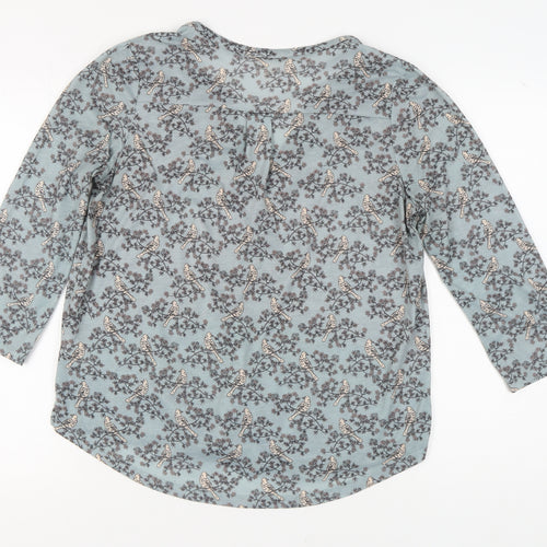 H&M Women's Blue Nature Print Blouse, Size 12, V-Neck