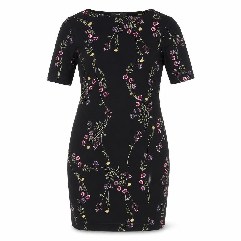 Front view of Next Women's Black Floral Sheath Dress, size 12, Belted
