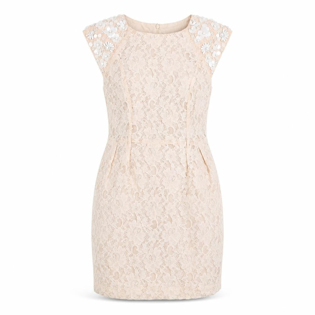 Front view of Miss Selfridge Beige Lace Sheath Dress, size 12