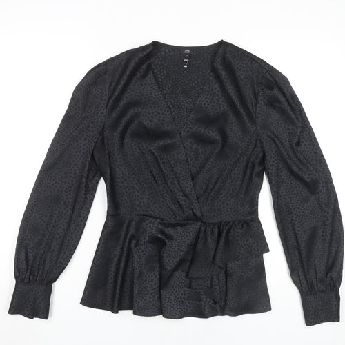 River Island Black Animal Print Wrap Blouse Size 12