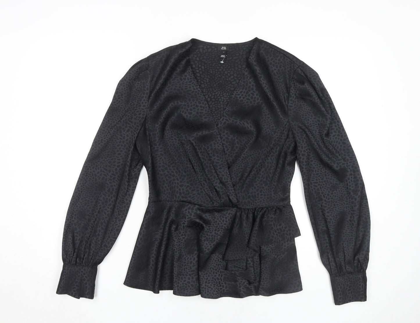 River Island Black Animal Print Wrap Blouse Size 12