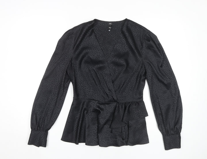 River Island Black Animal Print Wrap Blouse Size 12