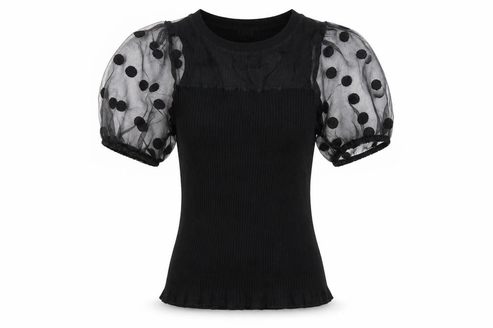Front view of River Island Women's Black Puff Sleeve T-Shirt, size 8