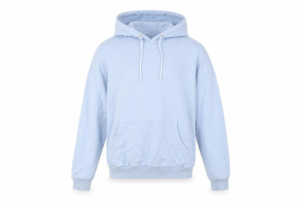Front view of Reclaimed Vintage unisex blue hoodie l pullover graphic