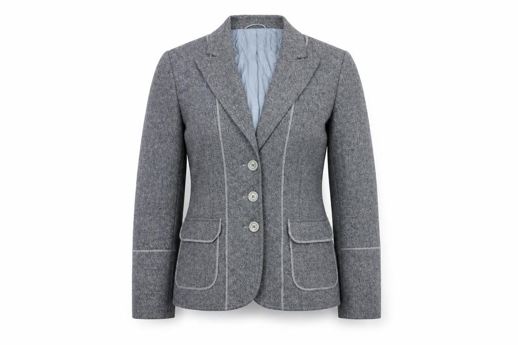 Front view of Delmod Women's Grey Blazer, size 12, Classic Fit