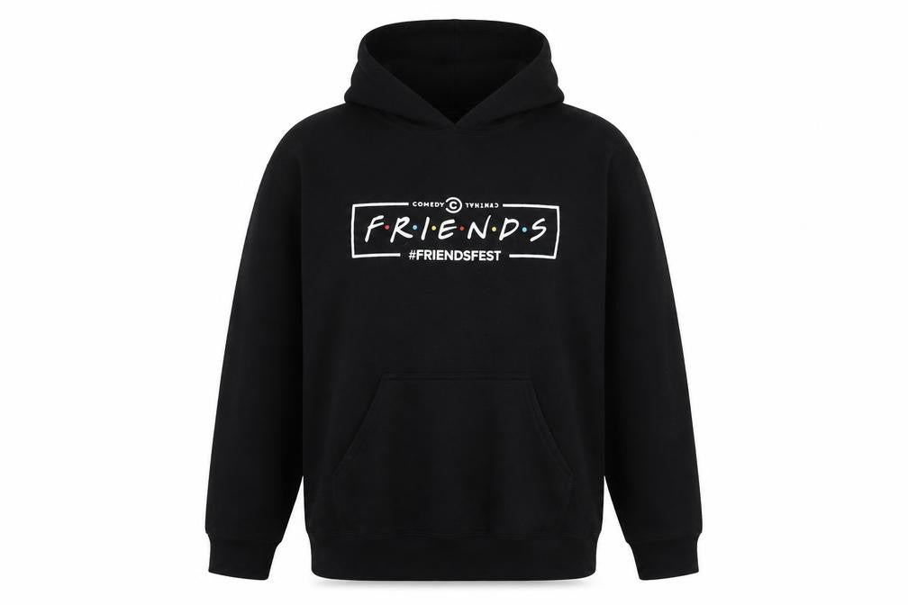 Front view of Friends unisex black pullover hoodie, size M